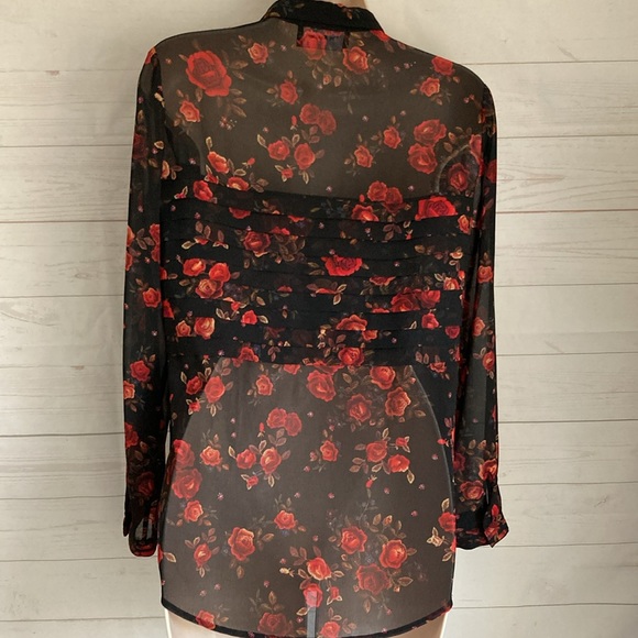 The Kooples Size XXS Romantic Floral Print Black Sheer button front Blouse - Picture 6 of 9